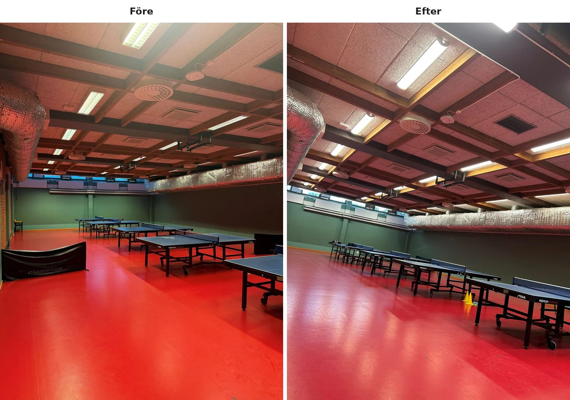 Bordtennishall i Farsta Sim- & Idrottshall med äldre belysning före och nya LED-armaturer efter bytet